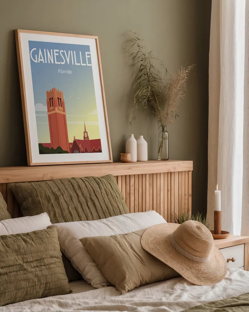 Gainesville by Omar Escalante. shown as a paper print in a natural frame. Available as a archival giclee rolled canvas, fine art paper, or poster print. SKU 62759h.