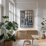 Girl in Madrid by Omar Escalante. shown as a print in a natural wood frame in a dining room. Available as a archival giclee rolled canvas, fine art paper, or poster print. SKU 75985h.