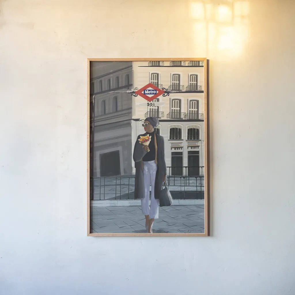 Girl in Madrid by Omar Escalante. shown as a paper print in a natural frame. Available as a archival giclee rolled canvas, fine art paper, or poster print. SKU 75985h.