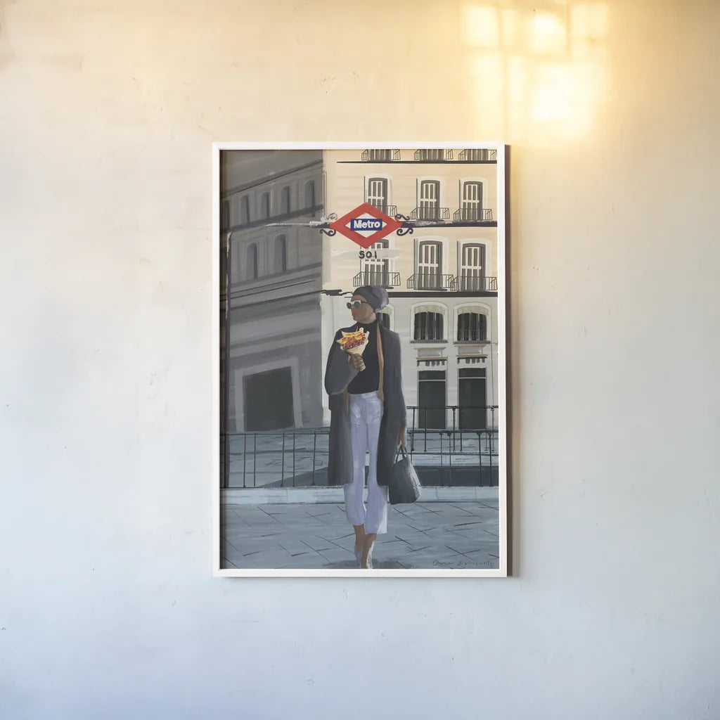 Girl in Madrid by Omar Escalante. shown as a paper print in a white frame. Available as a archival giclee rolled canvas, fine art paper, or poster print. SKU 75985h.