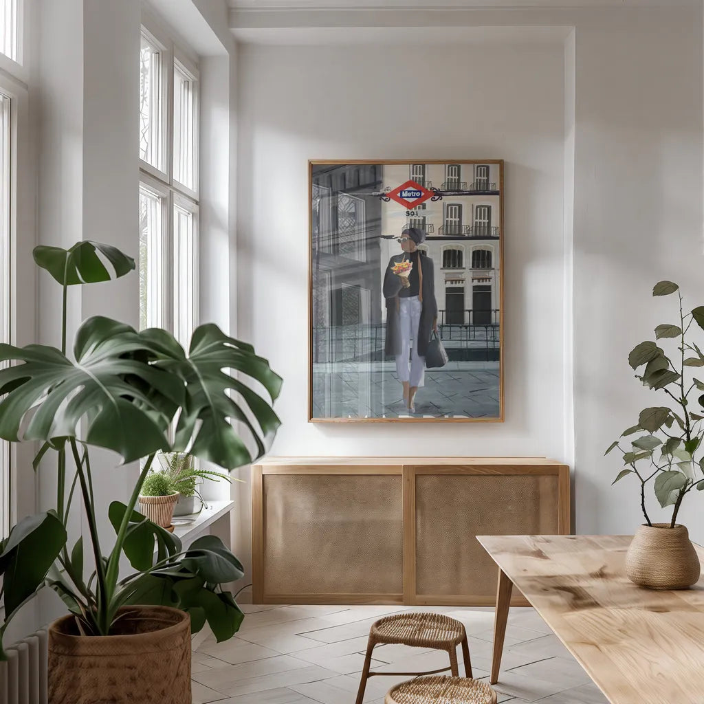 Girl in Madrid by Omar Escalante. shown as a print in a natural wood frame in a dining room. Available as a archival giclee rolled canvas, fine art paper, or poster print. SKU 75998h.