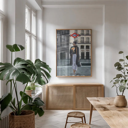 Girl in Madrid by Omar Escalante. shown as a print in a natural wood frame in a dining room. Available as a archival giclee rolled canvas, fine art paper, or poster print. SKU 75998h.