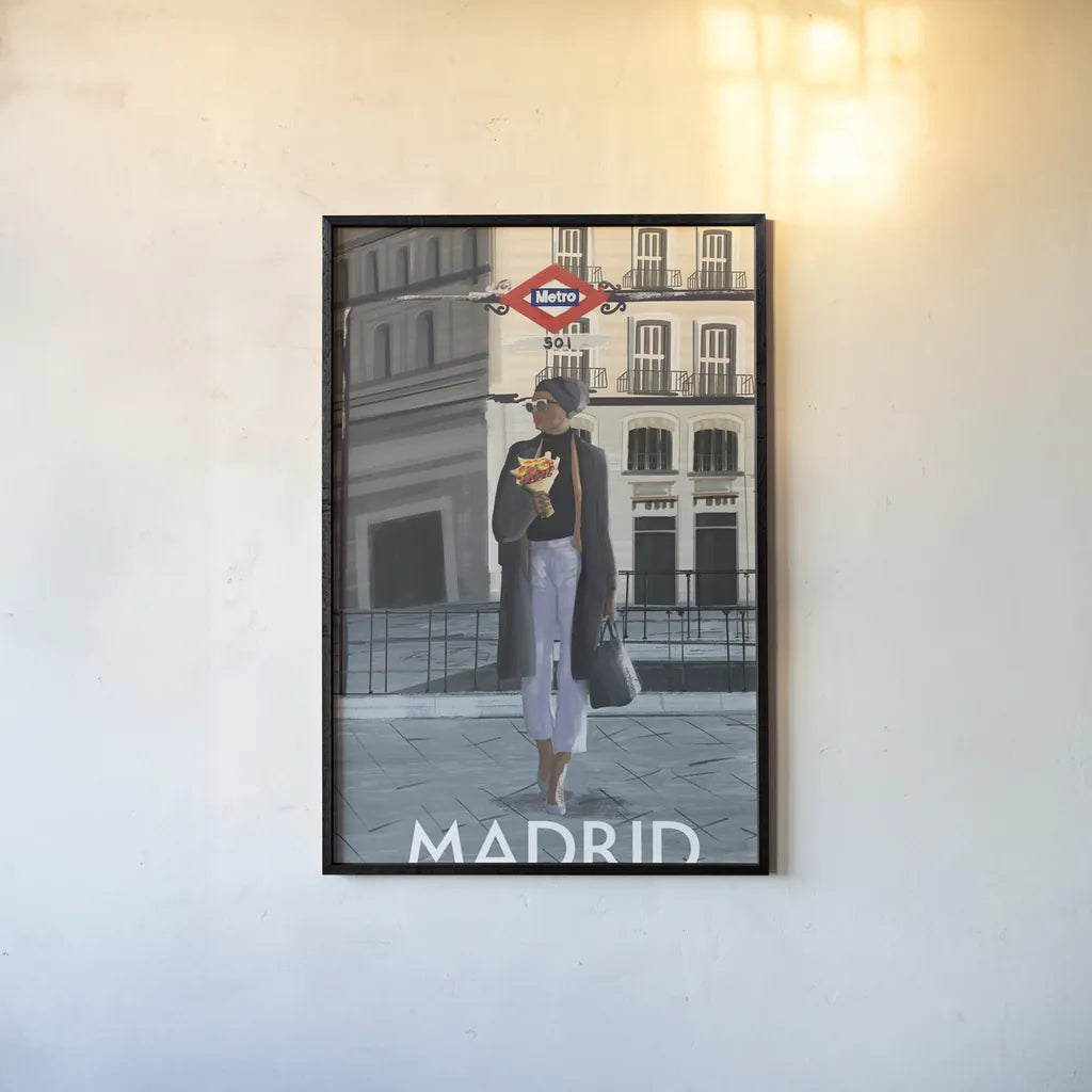 Girl in Madrid by Omar Escalante. shown as a paper print in a black flame. Available as a archival giclee rolled canvas, fine art paper, or poster print. SKU 75998h.