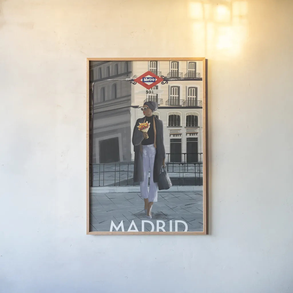 Girl in Madrid by Omar Escalante. shown as a paper print in a natural frame. Available as a archival giclee rolled canvas, fine art paper, or poster print. SKU 75998h.