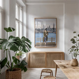 Girl in New York by Omar Escalante. shown as a print in a natural wood frame in a dining room. Available as a archival giclee rolled canvas, fine art paper, or poster print. SKU 75984h.