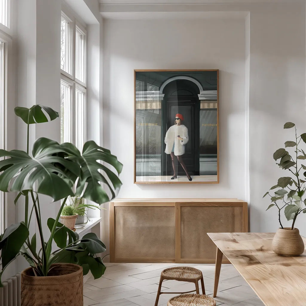 Girl in Paris by Omar Escalante. shown as a print in a natural wood frame in a dining room. Available as a archival giclee rolled canvas, fine art paper, or poster print. SKU 75983h.