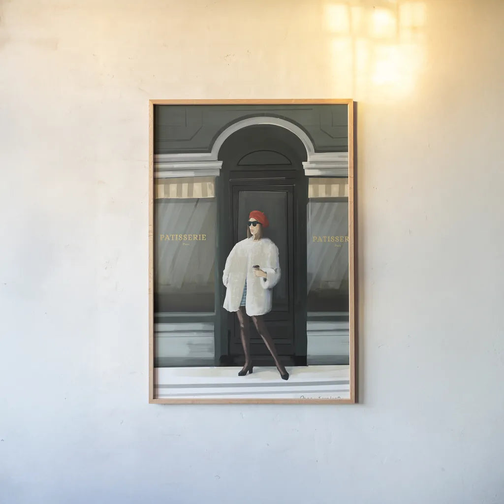 Girl in Paris by Omar Escalante. shown as a paper print in a natural frame. Available as a archival giclee rolled canvas, fine art paper, or poster print. SKU 75983h.