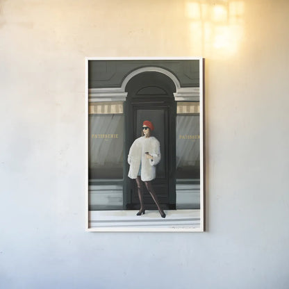 Girl in Paris by Omar Escalante. shown as a paper print in a white frame. Available as a archival giclee rolled canvas, fine art paper, or poster print. SKU 75983h.