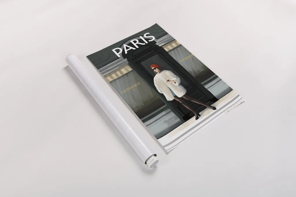 Girl in Paris II by Omar Escalante. shown as a rolled paper print. Available as archival giclee rolled canvas, fine art paper, or poster print. SKU 75996h.