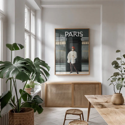 Girl in Paris II by Omar Escalante. shown as a print in a natural wood frame in a dining room. Available as a archival giclee rolled canvas, fine art paper, or poster print. SKU 75996h.