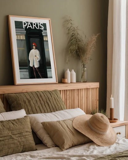 Girl in Paris II by Omar Escalante. shown as a paper print in a natural frame. Available as a archival giclee rolled canvas, fine art paper, or poster print. SKU 75996h.