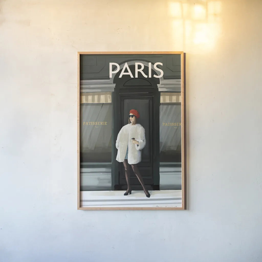 Girl in Paris II by Omar Escalante. shown as a paper print in a natural frame. Available as a archival giclee rolled canvas, fine art paper, or poster print. SKU 75996h.