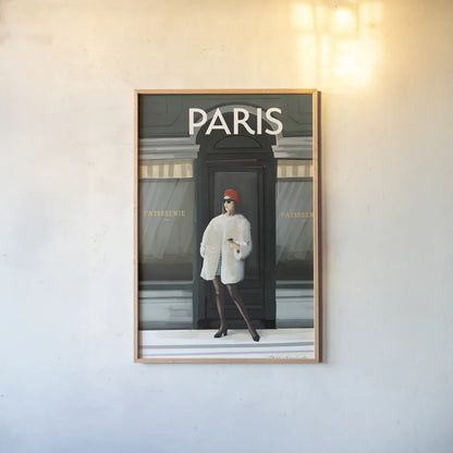 Girl in Paris II by Omar Escalante. shown as a paper print in a natural frame. Available as a archival giclee rolled canvas, fine art paper, or poster print. SKU 75996h.