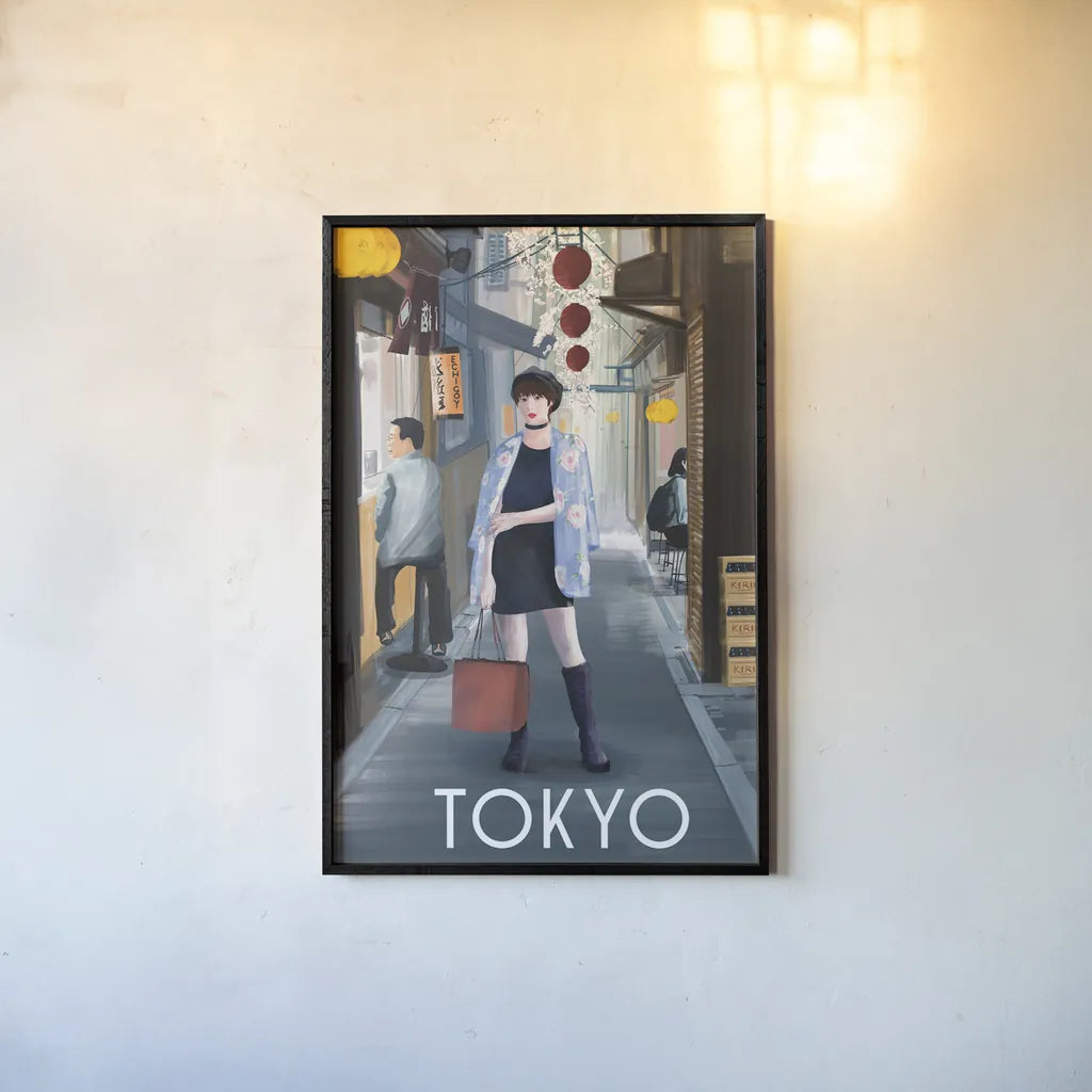 Girl in Tokyo II by Omar Escalante. shown as a paper print in a black flame. Available as a archival giclee rolled canvas, fine art paper, or poster print. SKU 76112h.