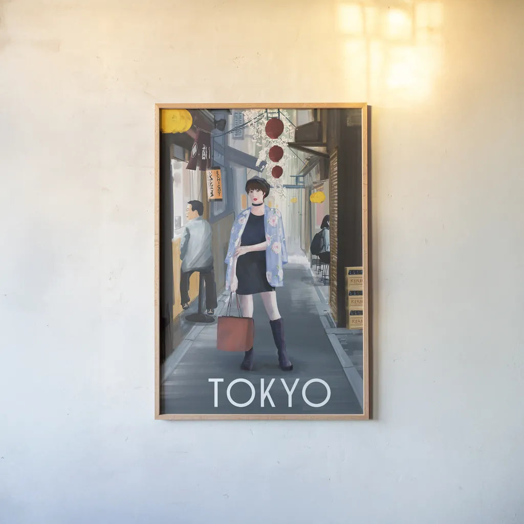 Girl in Tokyo II by Omar Escalante. shown as a paper print in a natural frame. Available as a archival giclee rolled canvas, fine art paper, or poster print. SKU 76112h.