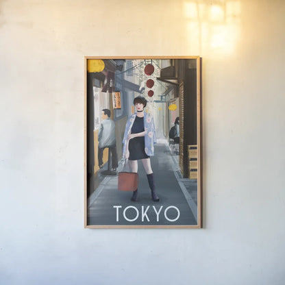 Girl in Tokyo II by Omar Escalante. shown as a paper print in a natural frame. Available as a archival giclee rolled canvas, fine art paper, or poster print. SKU 76112h.