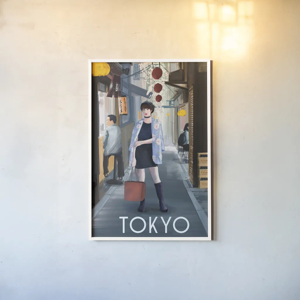 Girl in Tokyo II by Omar Escalante. shown as a paper print in a white frame. Available as a archival giclee rolled canvas, fine art paper, or poster print. SKU 76112h.