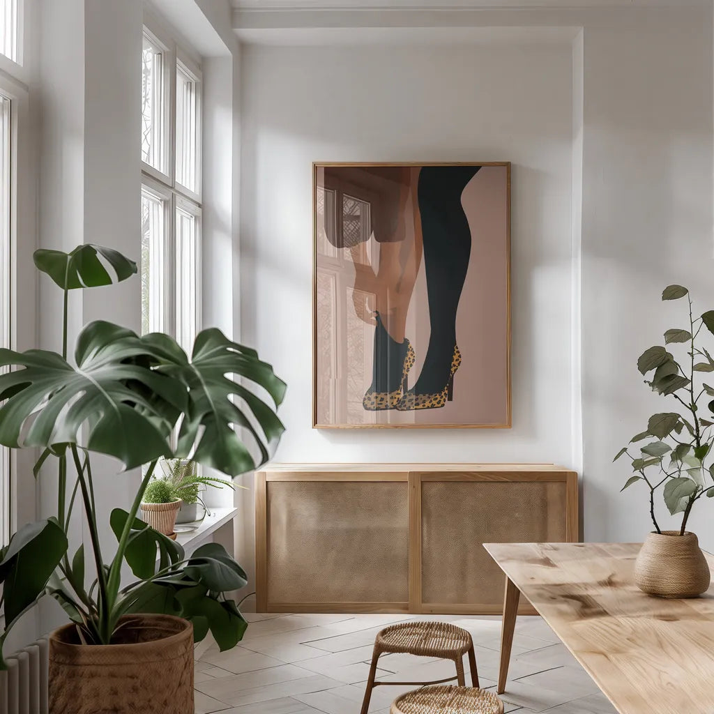 Gorgeous Wild II by Omar Escalante. shown as a print in a natural wood frame in a dining room. Available as a archival giclee rolled canvas, fine art paper, or poster print. SKU 71786h.
