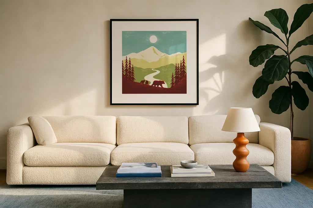 Great Outdoors I by Omar Escalante. Displayed in a glass frame with matte in a clean modern living room. Available as an archival giclee rolled canvas, fine art paper, or poster print. SKU 66597a.