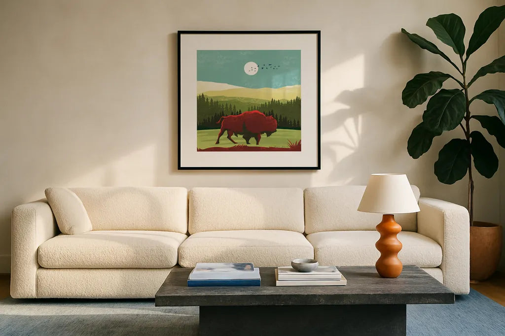 Great Outdoors II by Omar Escalante. Displayed in a glass frame with matte in a clean modern living room. Available as an archival giclee rolled canvas, fine art paper, or poster print. SKU 66598a.