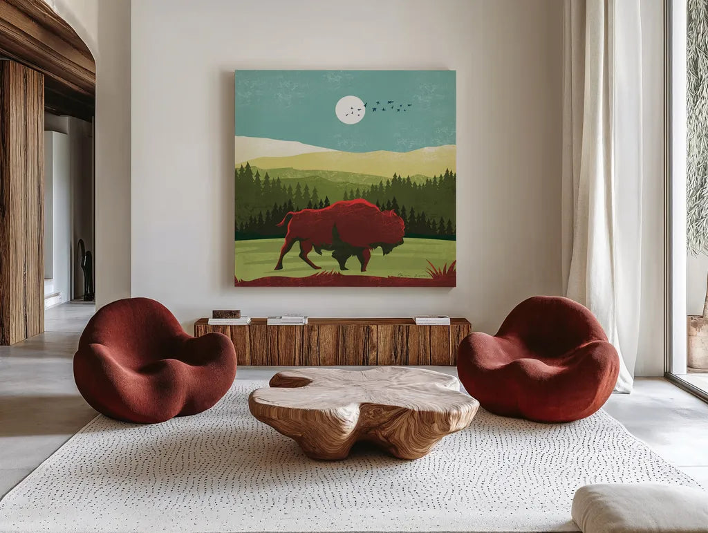 Great Outdoors II by Omar Escalante. Shown as extra-large giant wall art in a modern living room. Available as an archival giclee rolled canvas, fine art paper, or poster print. SKU 66598a.
