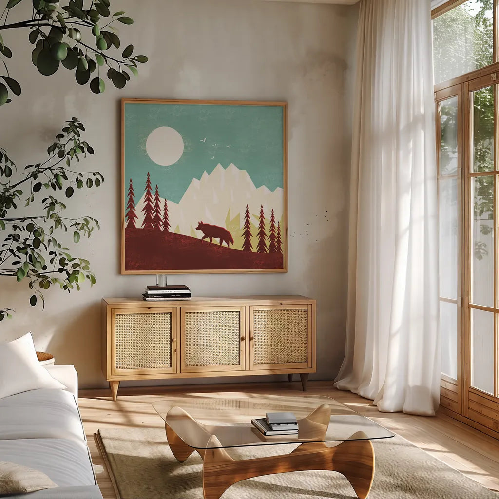 Great Outdoors IV by Omar Escalante. Shown in a natural wood frame in a cozy modern living room. Available as an archival giclee rolled canvas, fine art paper, or poster print. SKU 66600a.