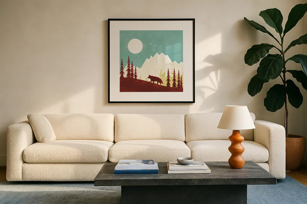 Great Outdoors IV by Omar Escalante. Displayed in a glass frame with matte in a clean modern living room. Available as an archival giclee rolled canvas, fine art paper, or poster print. SKU 66600a.