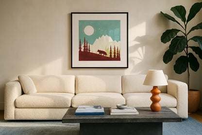 Great Outdoors IV by Omar Escalante. Displayed in a glass frame with matte in a clean modern living room. Available as an archival giclee rolled canvas, fine art paper, or poster print. SKU 66600a.