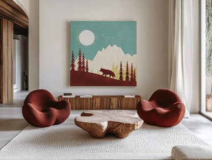Great Outdoors IV by Omar Escalante. Shown as extra-large giant wall art in a modern living room. Available as an archival giclee rolled canvas, fine art paper, or poster print. SKU 66600a.