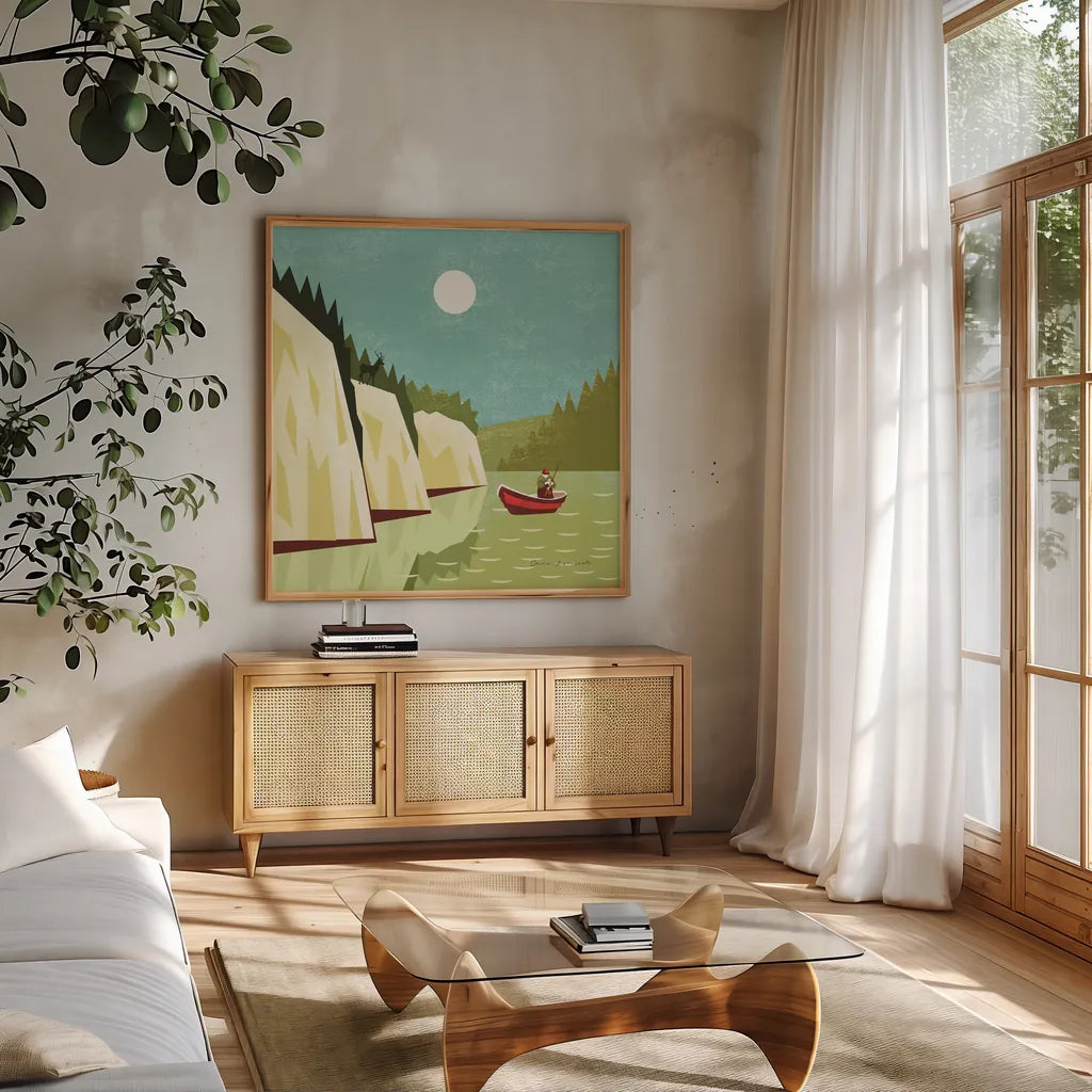 Great Outdoors V by Omar Escalante. Shown in a natural wood frame in a cozy modern living room. Available as an archival giclee rolled canvas, fine art paper, or poster print. SKU 66601a.