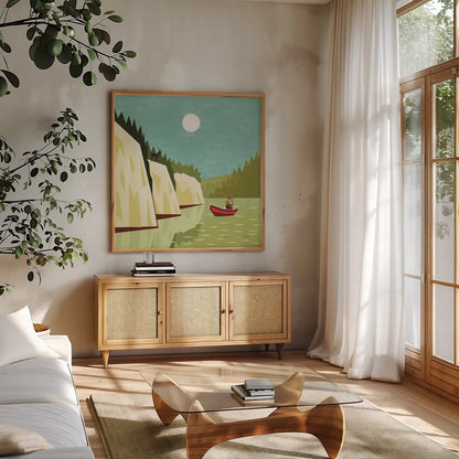 Great Outdoors V by Omar Escalante. Shown in a natural wood frame in a cozy modern living room. Available as an archival giclee rolled canvas, fine art paper, or poster print. SKU 66601a.