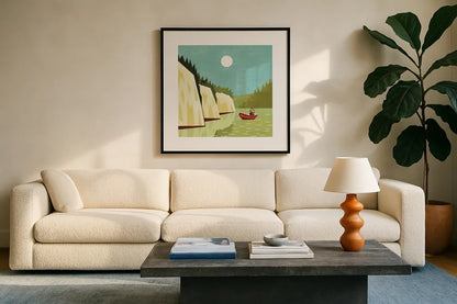 Great Outdoors V by Omar Escalante. Displayed in a glass frame with matte in a clean modern living room. Available as an archival giclee rolled canvas, fine art paper, or poster print. SKU 66601a.
