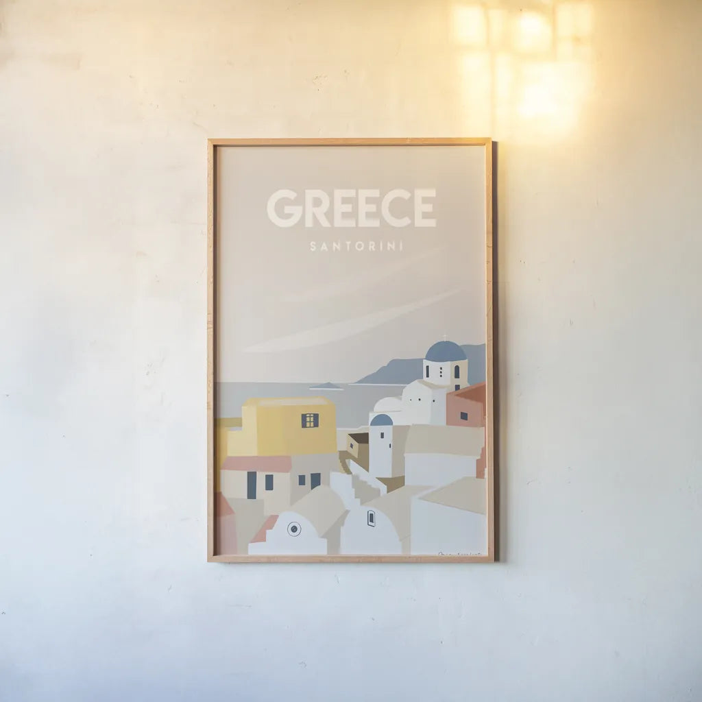 Greece by Omar Escalante. shown as a paper print in a natural frame. Available as a archival giclee rolled canvas, fine art paper, or poster print. SKU 74455h.