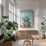 Guadalupe by Omar Escalante. shown as a print in a natural wood frame in a dining room. Available as a archival giclee rolled canvas, fine art paper, or poster print. SKU 62034h.