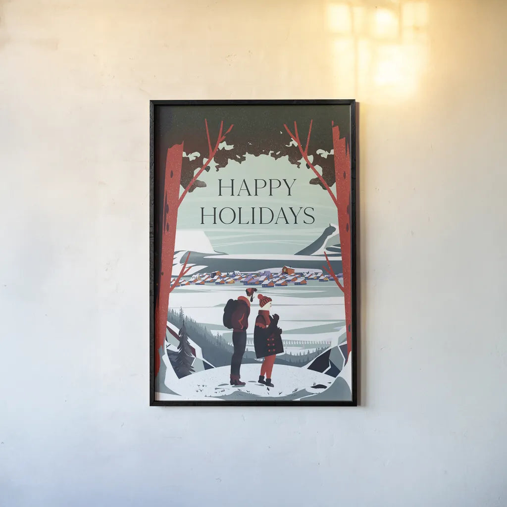 Happy Holidays by Omar Escalante. shown as a paper print in a black flame. Available as a archival giclee rolled canvas, fine art paper, or poster print. SKU 67455h.