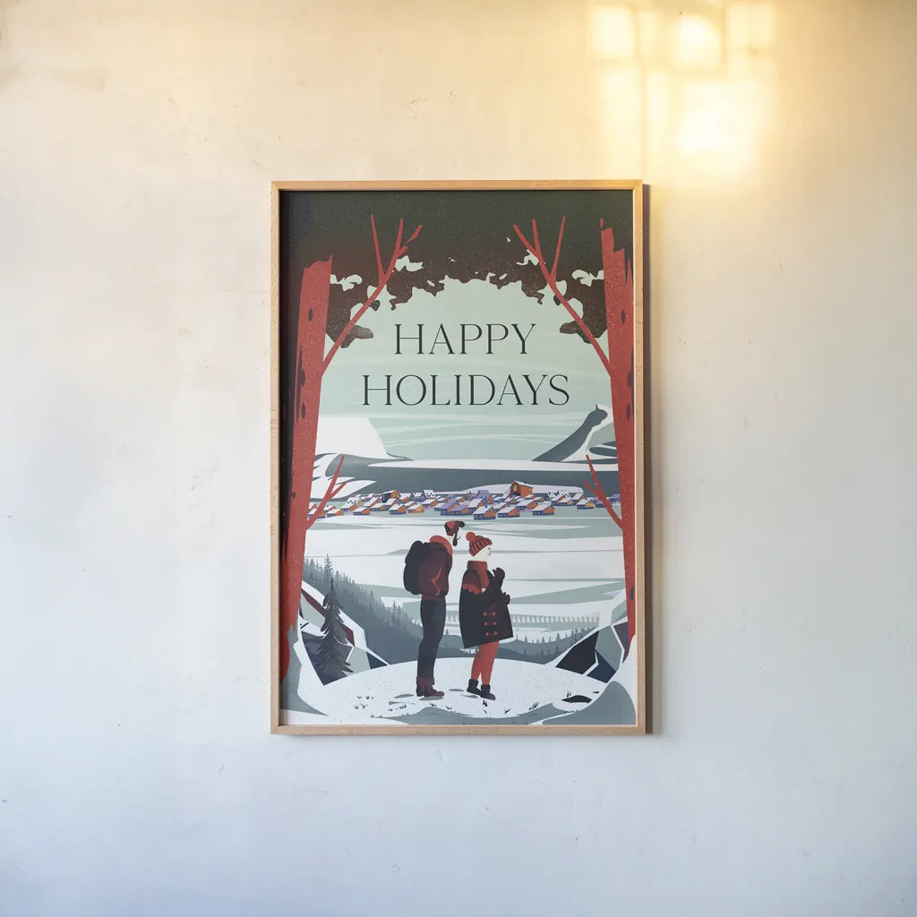 Happy Holidays by Omar Escalante. shown as a paper print in a natural frame. Available as a archival giclee rolled canvas, fine art paper, or poster print. SKU 67455h.