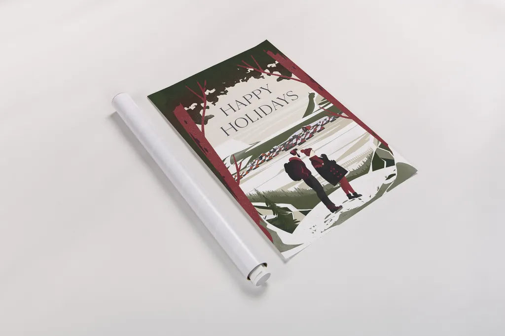 Happy Holidays Red by Omar Escalante. shown as a rolled paper print. Available as archival giclee rolled canvas, fine art paper, or poster print. SKU 68867h.