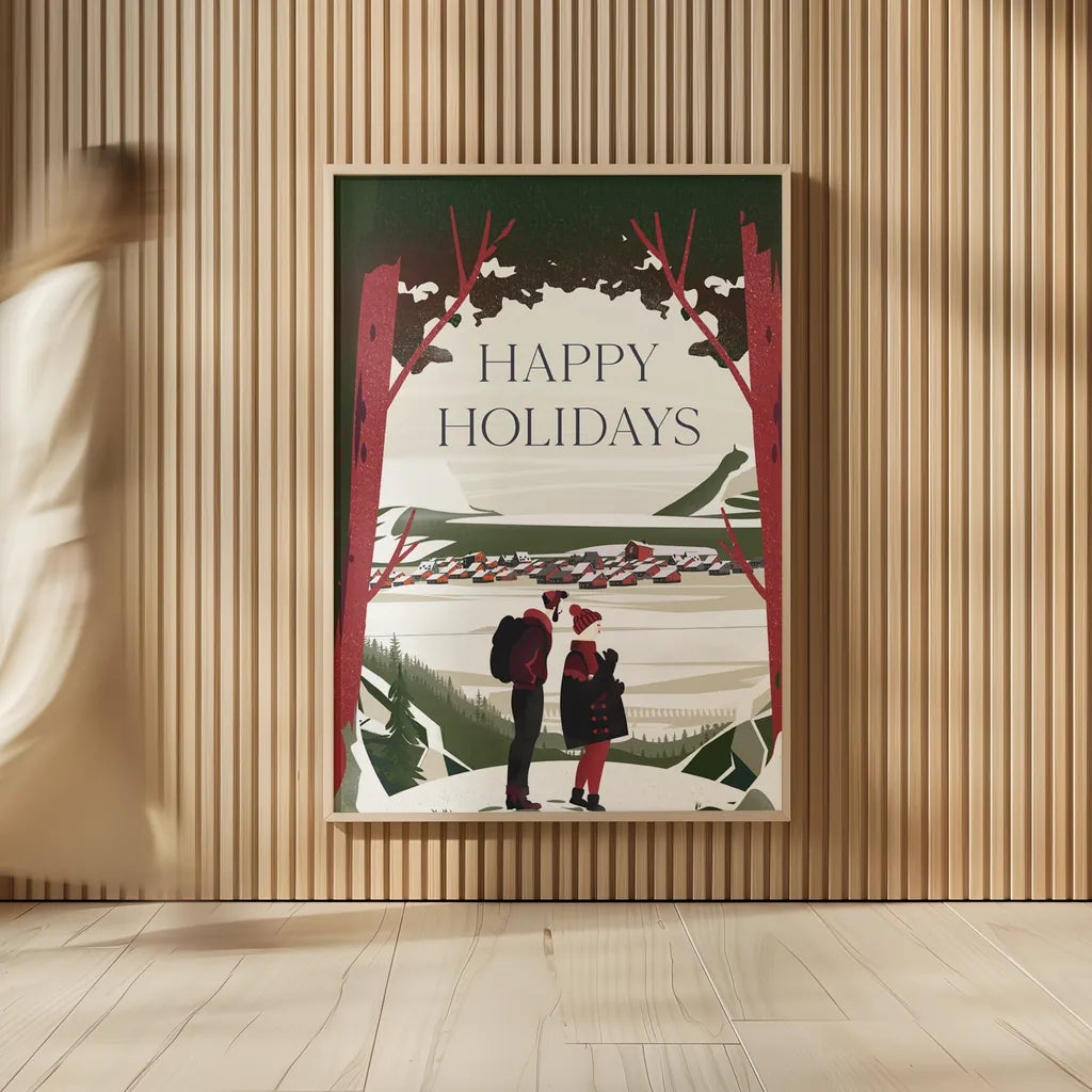 Happy Holidays Red by Omar Escalante. shown as over sized large wall art. Available as an archival giclee rolled canvas, fine art paper, or poster print. SKU 68867h.
