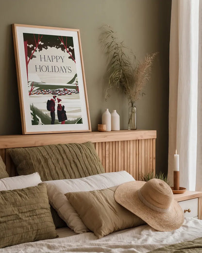 Happy Holidays Red by Omar Escalante. shown as a paper print in a natural frame. Available as a archival giclee rolled canvas, fine art paper, or poster print. SKU 68867h.