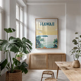 Hawaii by Omar Escalante. shown as a print in a natural wood frame in a dining room. Available as a archival giclee rolled canvas, fine art paper, or poster print. SKU 62765h.