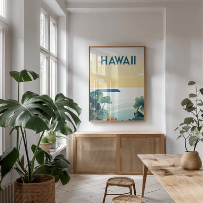 Hawaii by Omar Escalante. shown as a print in a natural wood frame in a dining room. Available as a archival giclee rolled canvas, fine art paper, or poster print. SKU 62765h.