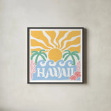 Hawaiian Fun and Sun by Omar Escalante. Shown in a sleek black glass frame for a contemporary gallery look. Available as an archival giclee rolled canvas, fine art paper, or poster print. SKU 98853a.