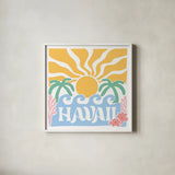 Hawaiian Fun and Sun by Omar Escalante. Shown in a crisp white glass frame for a clean and minimalist style. Available as an archival giclee rolled canvas, fine art paper, or poster print. SKU 98853a.