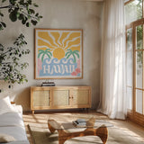 Hawaiian Fun and Sun by Omar Escalante. Shown in a natural wood frame in a cozy modern living room. Available as an archival giclee rolled canvas, fine art paper, or poster print. SKU 98853a.