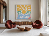 Hawaiian Fun and Sun by Omar Escalante. Shown as extra-large giant wall art in a modern living room. Available as an archival giclee rolled canvas, fine art paper, or poster print. SKU 98853a.