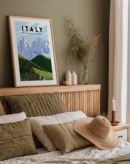 Italian Alps by Omar Escalante. shown as a paper print in a natural frame. Available as a archival giclee rolled canvas, fine art paper, or poster print. SKU 75833h.