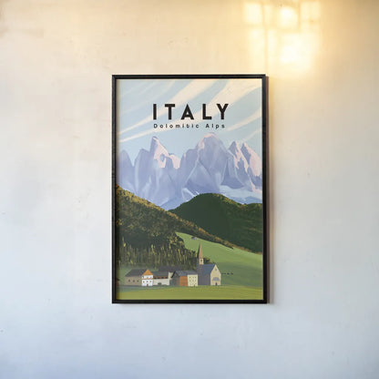 Italian Alps by Omar Escalante. shown as a paper print in a black flame. Available as a archival giclee rolled canvas, fine art paper, or poster print. SKU 75833h.