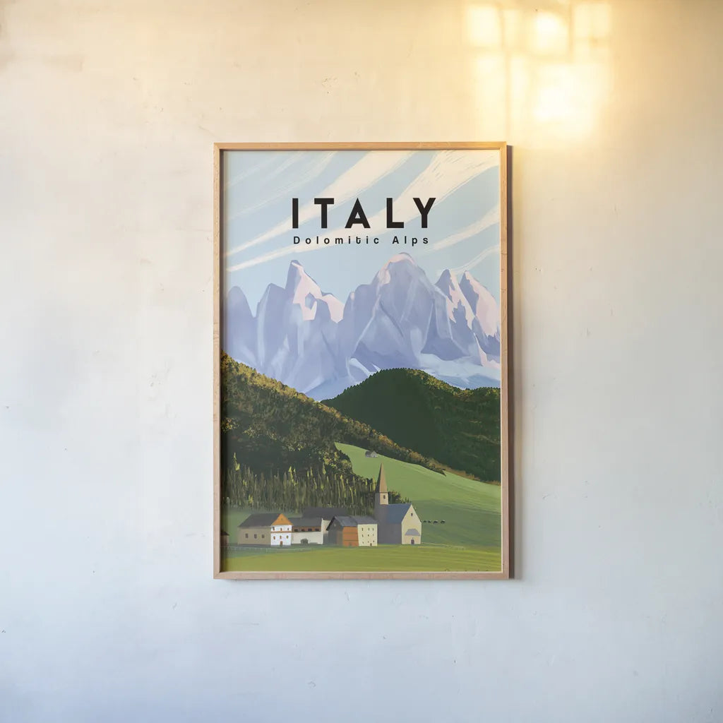 Italian Alps by Omar Escalante. shown as a paper print in a natural frame. Available as a archival giclee rolled canvas, fine art paper, or poster print. SKU 75833h.
