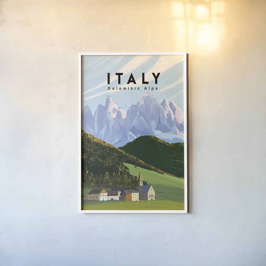 Italian Alps by Omar Escalante. shown as a paper print in a white frame. Available as a archival giclee rolled canvas, fine art paper, or poster print. SKU 75833h.
