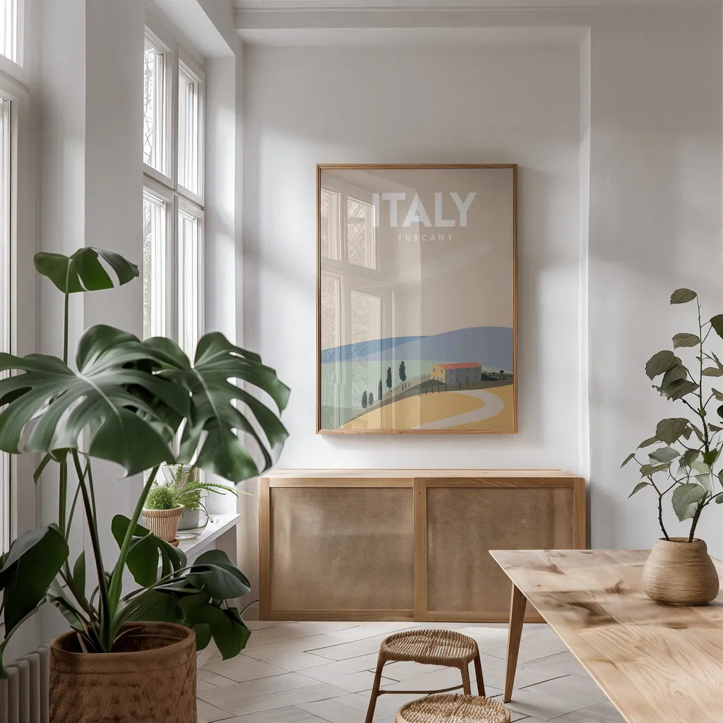 Italy by Omar Escalante. shown as a print in a natural wood frame in a dining room. Available as a archival giclee rolled canvas, fine art paper, or poster print. SKU 74454h.